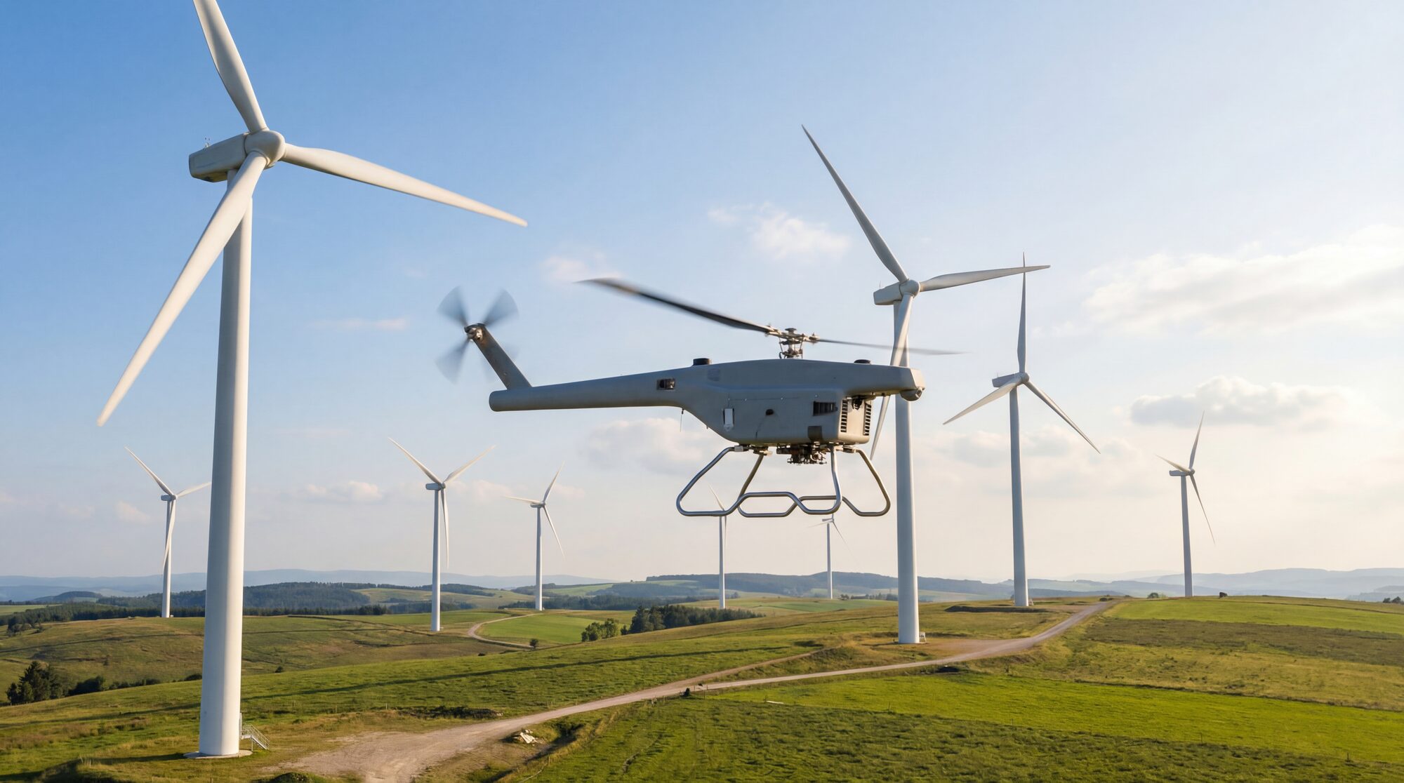 Fixed-wing hybrid inspection drone flying between turbines on a wind farm